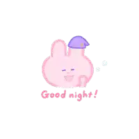 a pink bunny with a purple hat and the words " good night " below it