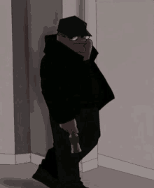 a cartoon character is leaning against a wall with a bottle in his hand