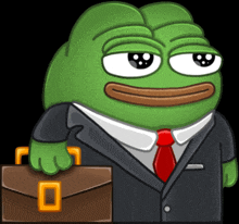 a green frog in a suit and tie is holding a briefcase