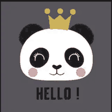 a panda bear with a crown on its head is saying hello .