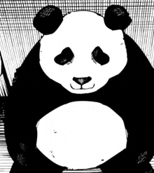 a black and white drawing of a panda bear sitting down looking at the camera .