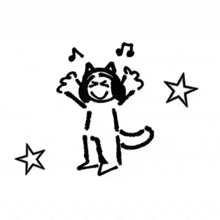 a black and white drawing of a stick figure wearing headphones and dancing .