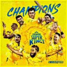 a group of cricket players are standing next to each other on a yellow background with the words `` champions '' written on it .