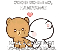 a cartoon of a teddy bear kissing another teddy bear with the words good morning handsome