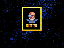 a pixel art drawing of a man with the word quitter on it