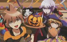 a group of anime characters are posing for a picture with a pumpkin in the middle