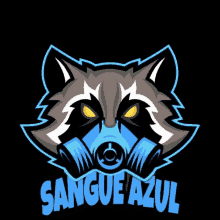 a raccoon wearing a gas mask with the words sangue azul written below it