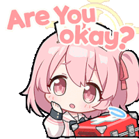 a cartoon girl with pink hair is holding a red suitcase and asking are you okay ?