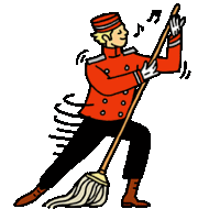 a cartoon of a man in a red uniform holding a mop .