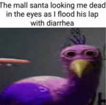 the mall santa looking me dead in the eyes as i flood his lap with diarrhea and a purple bird .