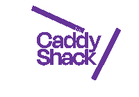 a logo for the caddy shack is purple and white