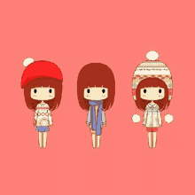 three little girls wearing hats and scarves on a pink background .