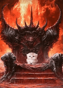 a white cat sits on a demon throne