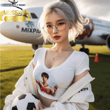 a girl holding a soccer ball in front of an airplane that says museum bola