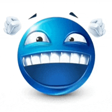 a blue smiley face with white teeth is laughing and pointing