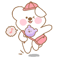 a cartoon drawing of a white bear wearing a pink hat and holding a purple teddy bear