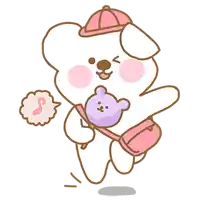 a cartoon drawing of a white bear wearing a pink hat and holding a purple teddy bear