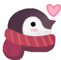 a penguin with a scarf around its neck and a pink heart above it