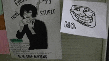 a drawing of a man with a rope around his neck is next to a drawing of a troll face that says " no "