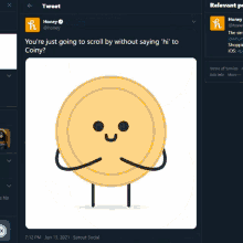 a screenshot of a twitter page showing a coin with a smiley face