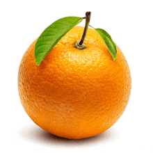 a single orange with a green leaf on top