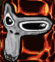 a pixel art drawing of a horse 's head on a fire background