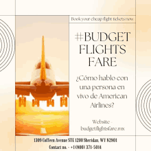 an advertisement for budget flights fare shows an airplane on the runway