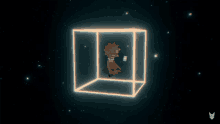 a cartoon character is sitting in a cube with a glowing light behind her