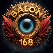 the logo for balon 168 has a blue eye in the center surrounded by feathers and coins .