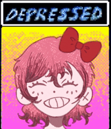 a drawing of a girl with a red bow and the word depressed in the background