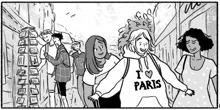 a black and white cartoon of a woman wearing a hoodie that says `` i love paris ''