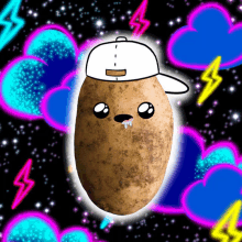 a drawing of a potato wearing a baseball cap with hearts and lightning bolts in the background