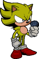 a cartoon drawing of a yellow sonic holding a microphone