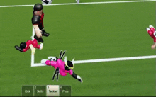 a soccer game is being played on a computer and a goalie is falling