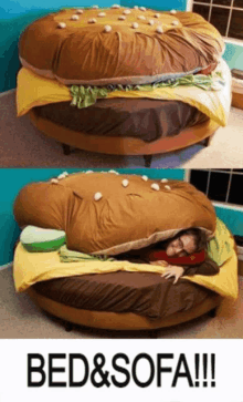 a bed that looks like a hamburger with a person sleeping on it