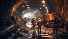 a group of construction workers are walking through a dark tunnel