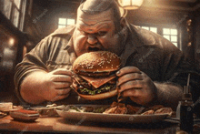 a fat man is eating a hamburger and french fries at a restaurant .