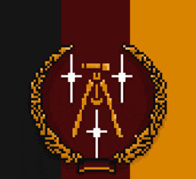 a pixel art emblem with a tripod and two crosses in a wreath