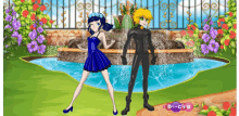 a girl in a blue dress and a man in a black suit are standing next to each other in front of a fountain .