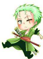 a cartoon character with green hair is holding a sword