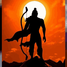 a silhouette of rama with a bow and arrow standing on top of a mountain .