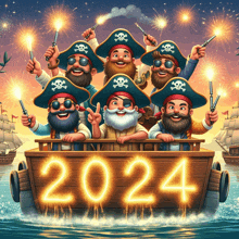 a group of pirates in a boat with the year 2024 written in lights