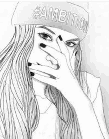 a black and white drawing of a girl wearing a hat and covering her face with her hand .