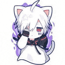 a cartoon character with white hair and cat ears is covering his eyes with his hand .