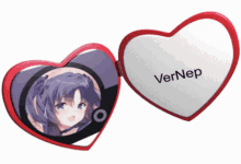 a heart shaped mirror with vernep written on the bottom