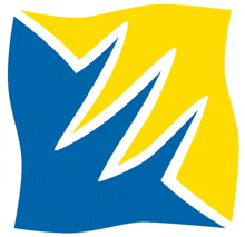 a blue and yellow logo with a white m on the bottom