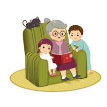 an illustration of an elderly woman reading to two children