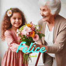 a little girl is holding a bouquet of flowers next to an older woman with the word felice on the bottom right