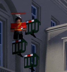 a man in a red uniform is hanging from a balcony in a video game called roblox