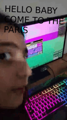 a person sitting in front of a computer with the words " hello baby come to the paris " on the screen